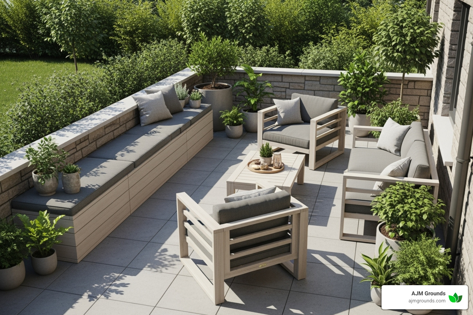 small patio with modular furniture and a storage bench - Patio design for small spaces