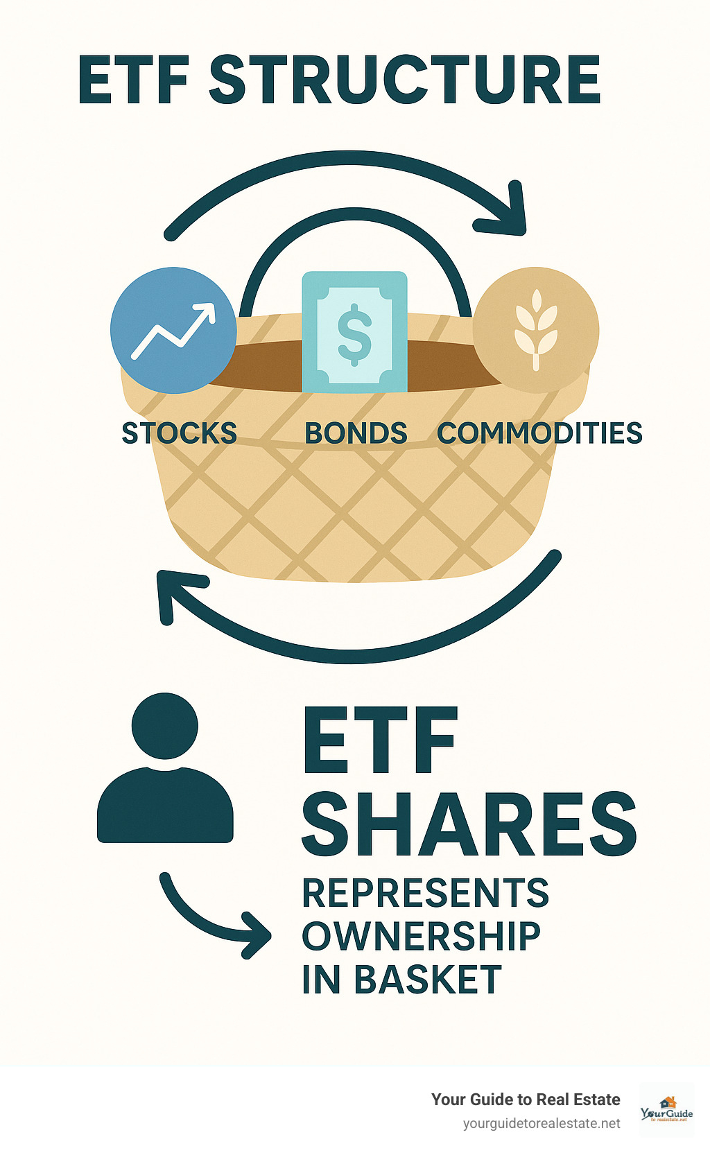 Infographic showing ETF structure as a basket containing various securities like stocks, bonds, and commodities, with arrows indicating how investors can buy and sell ETF shares that represent ownership in the entire basket - fintechzoom.com etf market infographic 