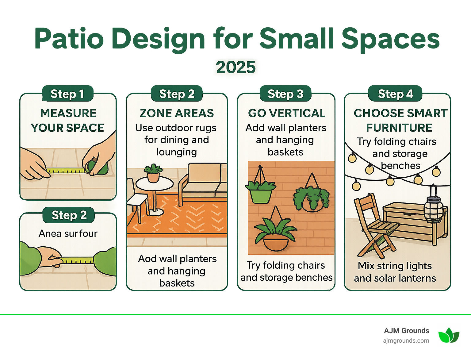 Infographic showing 5 steps to maximize a small patio: Step 1 - Measure your space accurately with tape measure, Step 2 - Zone areas using outdoor rugs for dining and lounging, Step 3 - Go Vertical with wall planters and hanging baskets, Step 4 - Choose Smart Furniture like folding chairs and storage benches, Step 5 - Layer Lighting with string lights and solar lanterns - Patio design for small spaces infographic 