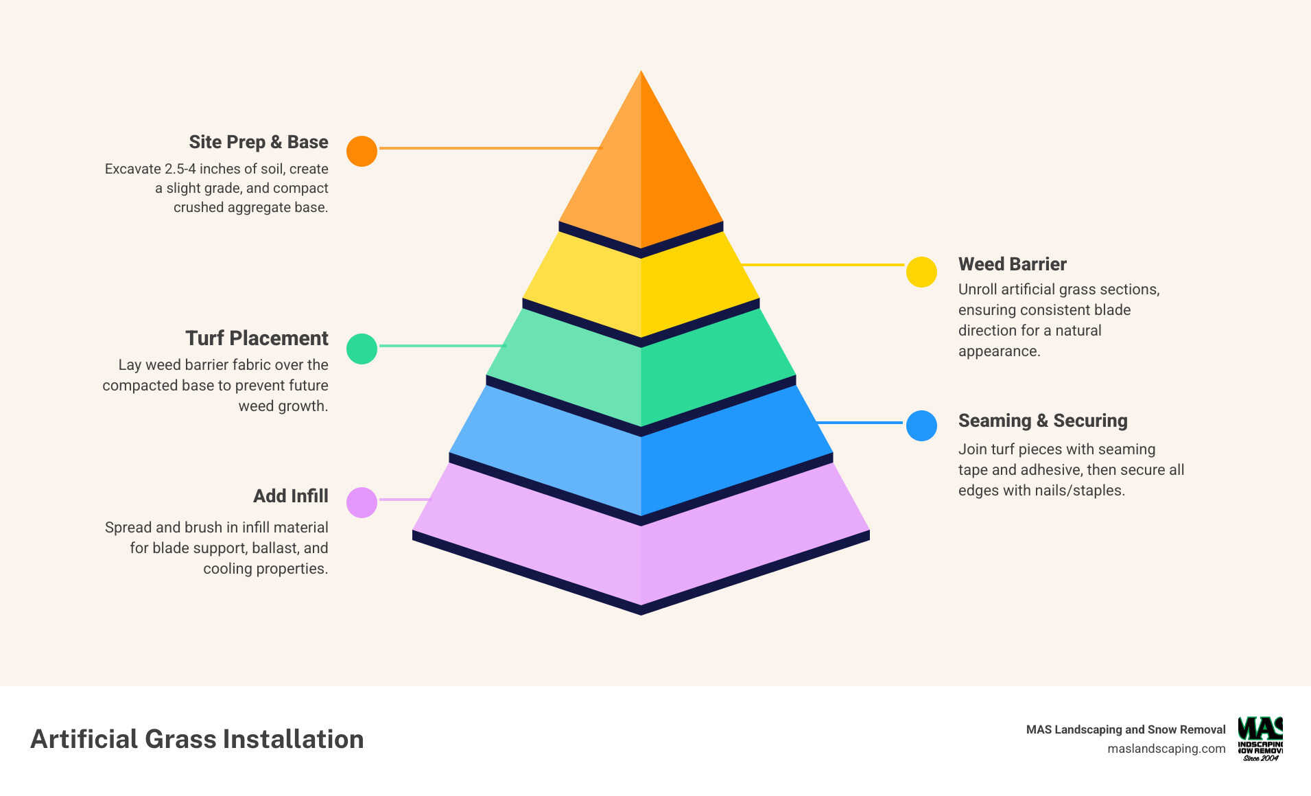 Step-by-step artificial grass installation process showing excavation, base preparation with crushed aggregate, weed barrier placement, turf rolling and positioning, seaming with adhesive tape, edge securing with nails, and final infill application with sand brushed into grass fibers - how to install fake grass infographic pyramid-hierarchy-5-steps