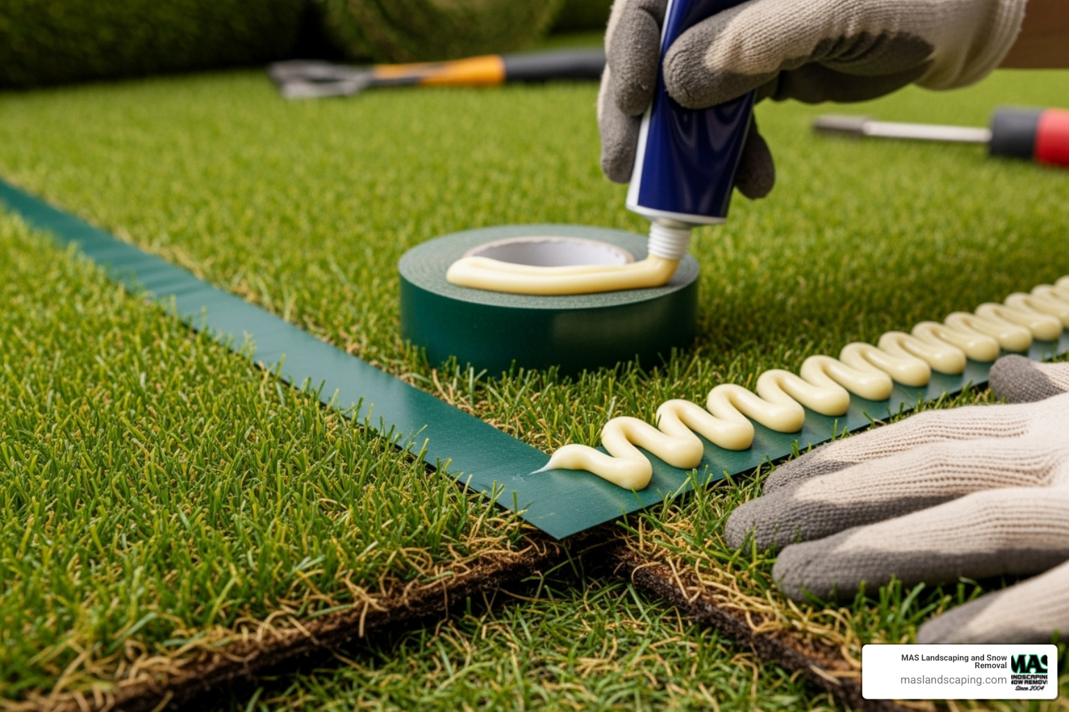 Two pieces of turf being seamed together with tape and adhesive - how to install fake grass