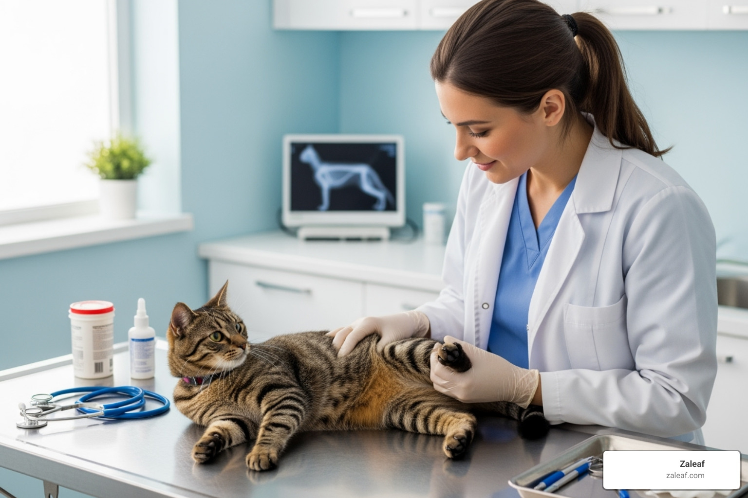 veterinarian gently examining a cat's leg - Cat joint pain veterinarian gently examining a cat's leg - Cat joint pain