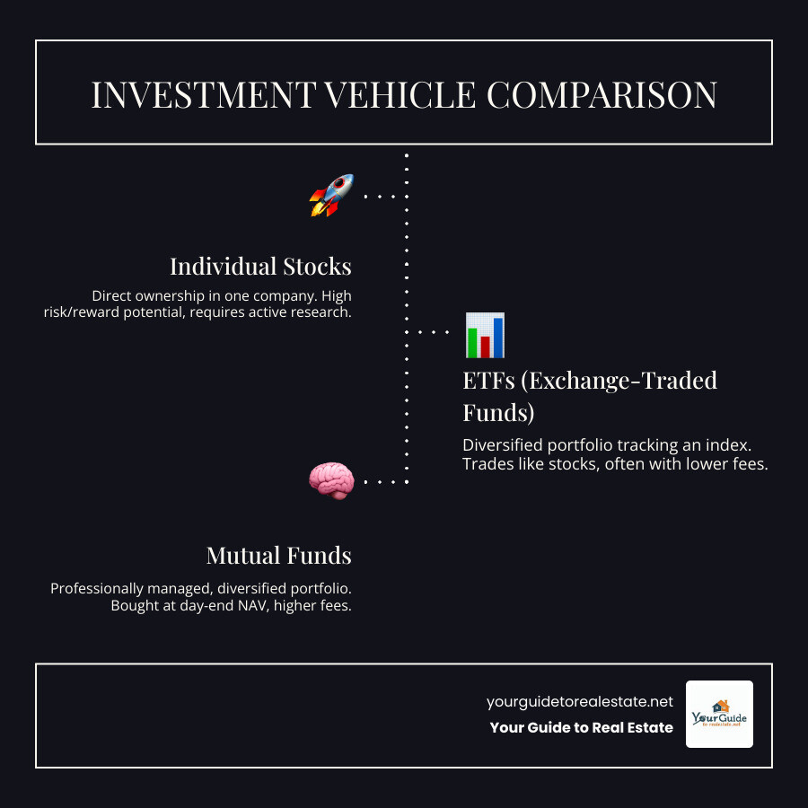 TABLE comparing Individual Stocks, ETFs, and Mutual Funds. - stock market terminology infographic infographic-line-3-steps-dark