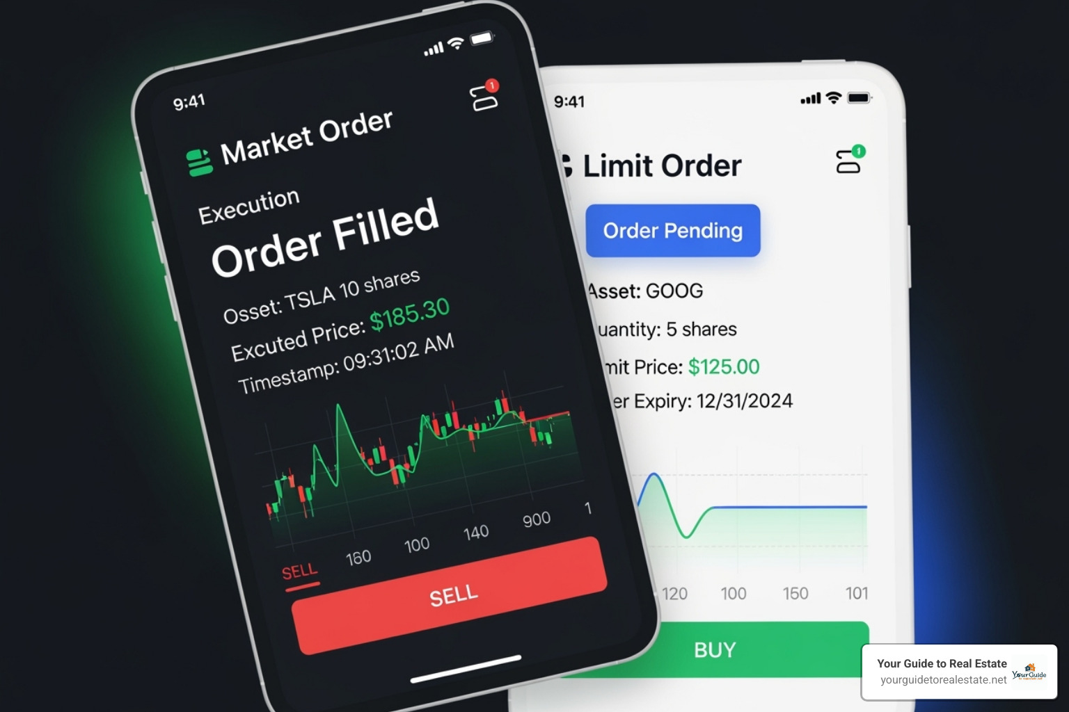 comparing a market order execution vs. a limit order execution on a trading app interface. - stock market terminology