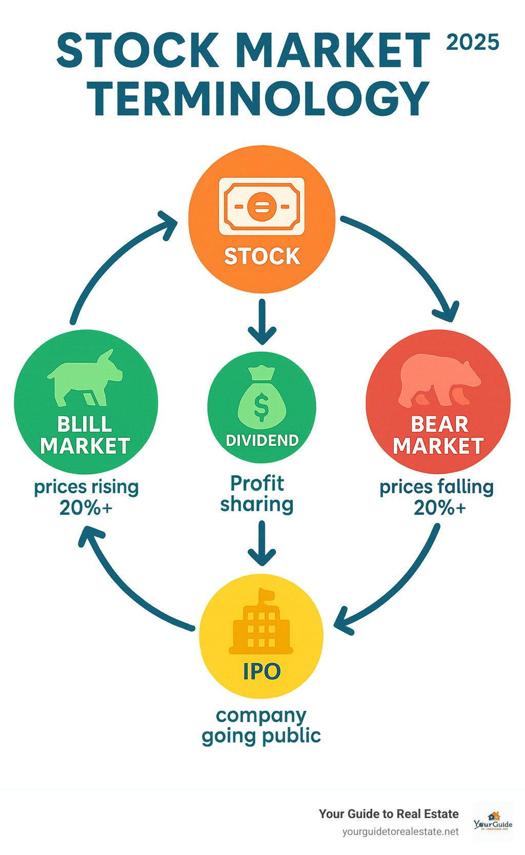Infographic showing the relationship between key stock market terms: Stock (ownership piece), Dividend (profit sharing), Bull Market (prices rising 20%+), Bear Market (prices falling 20%+), and IPO (company going public), with arrows showing how they connect in the investment cycle - stock market terminology infographic 