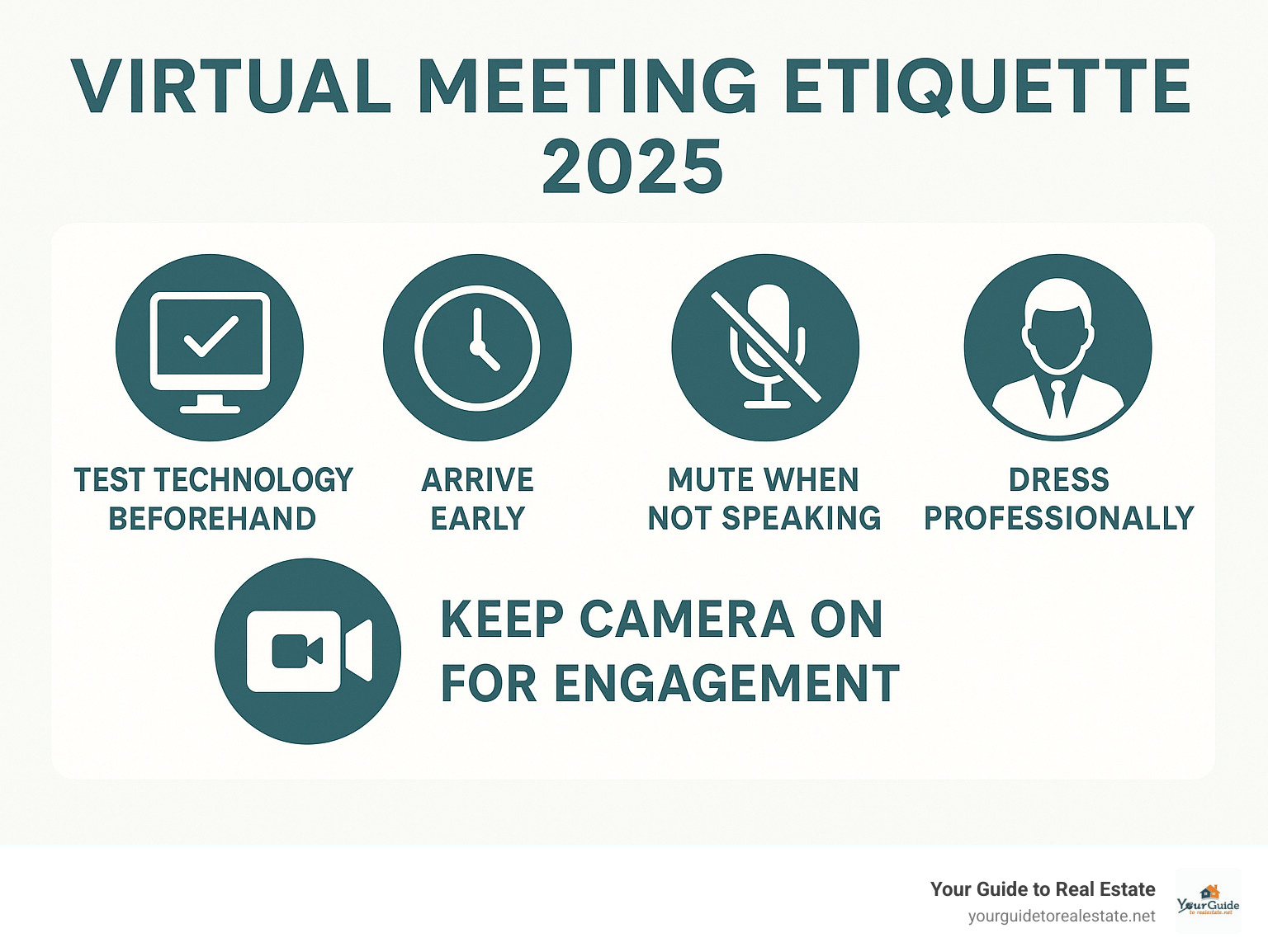 Infographic showing the top 5 virtual meeting etiquette rules: test technology beforehand, arrive early, mute when not speaking, keep camera on for engagement, and dress professionally - virtual meeting etiquette infographic 