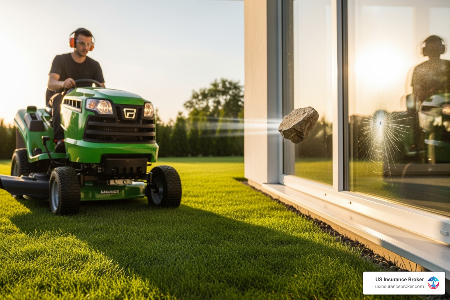 a lawn mower kicking up a rock towards a window - lawn care insurance florida a lawn mower kicking up a rock towards a window - lawn care insurance florida