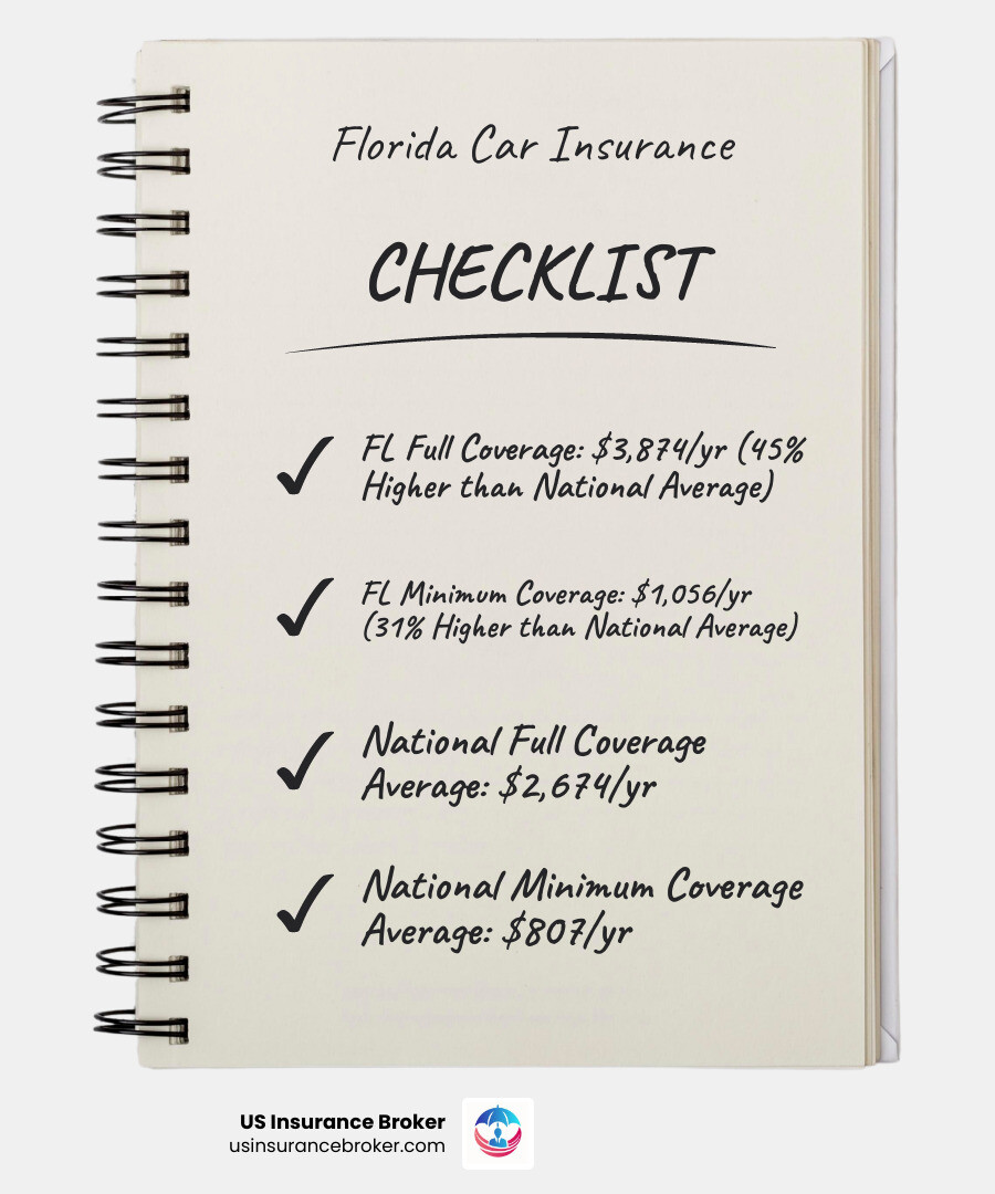 Infographic showing Florida's average car insurance costs compared to national averages, breaking down full coverage at $3,874 vs national $2,674, and minimum coverage at $1,056 vs national $807, with visual representations of the 45% and 31% increases respectively - car insurance in florida average price infographic checklist-notebook
