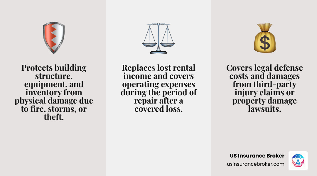 Infographic showing three main benefits of commercial real estate insurance: 1. Property Protection covering building damage from fire, storms, and theft with dollar signs and shield icon, 2. Liability Coverage protecting against lawsuits from injuries or accidents with gavel and warning icons, 3. Income Protection replacing lost rental revenue during repairs with calendar and money flow arrows - commercial real estate insurance coverage infographic 3_facts_emoji_grey