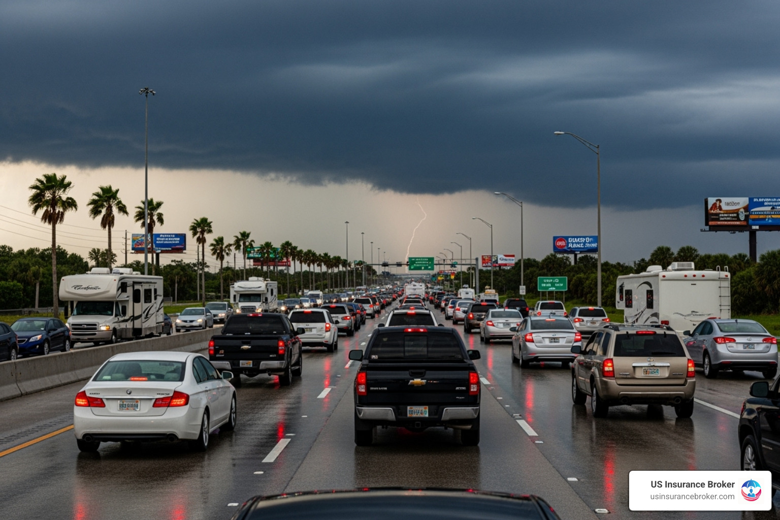 Traffic jam on a Florida highway with storm clouds gathering - car insurance in florida average price