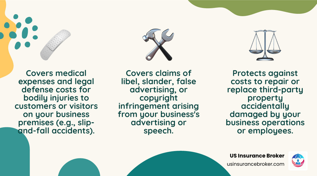 Infographic showing the three main pillars of general liability coverage: Bodily Injury Protection covering customer slips, falls and accidents; Property Damage Protection covering damage to client property and belongings; and Personal/Advertising Injury Protection covering libel, slander and copyright claims - general liability insurance infographic 3_facts_emoji_nature Infographic showing the three main pillars of general liability coverage: Bodily Injury Protection covering customer slips, falls and accidents; Property Damage Protection covering damage to client property and belongings; and Personal/Advertising Injury Protection covering libel, slander and copyright claims - general liability insurance infographic 3_facts_emoji_nature