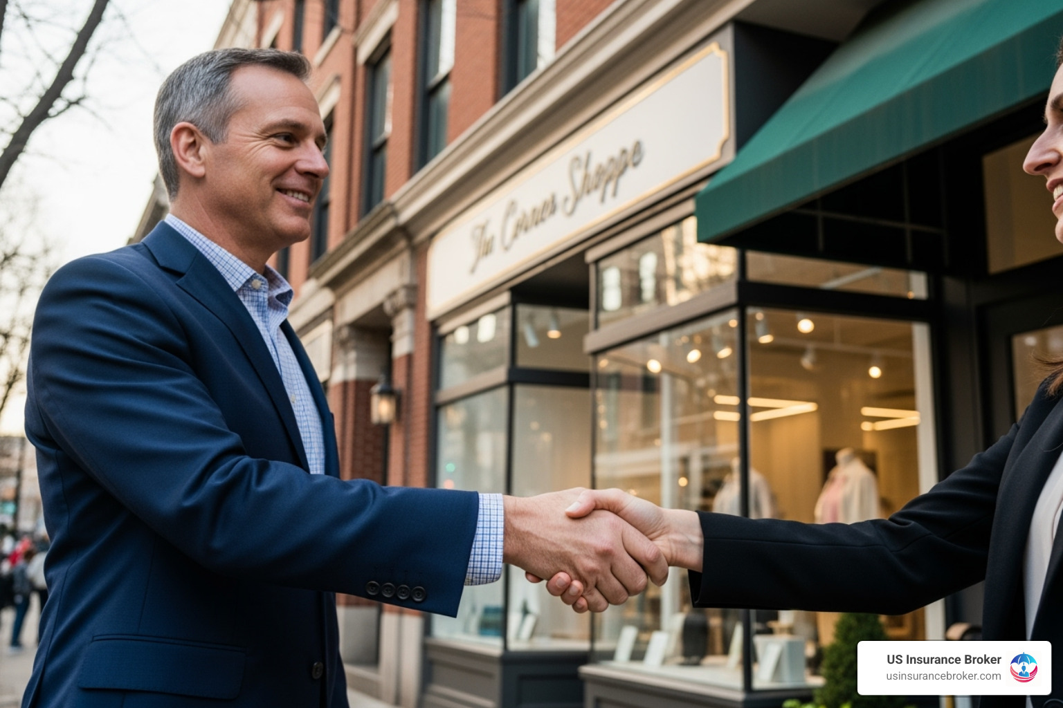 landlord shaking hands with a retail tenant in front of a leased storefront - commercial real estate insurance coverage