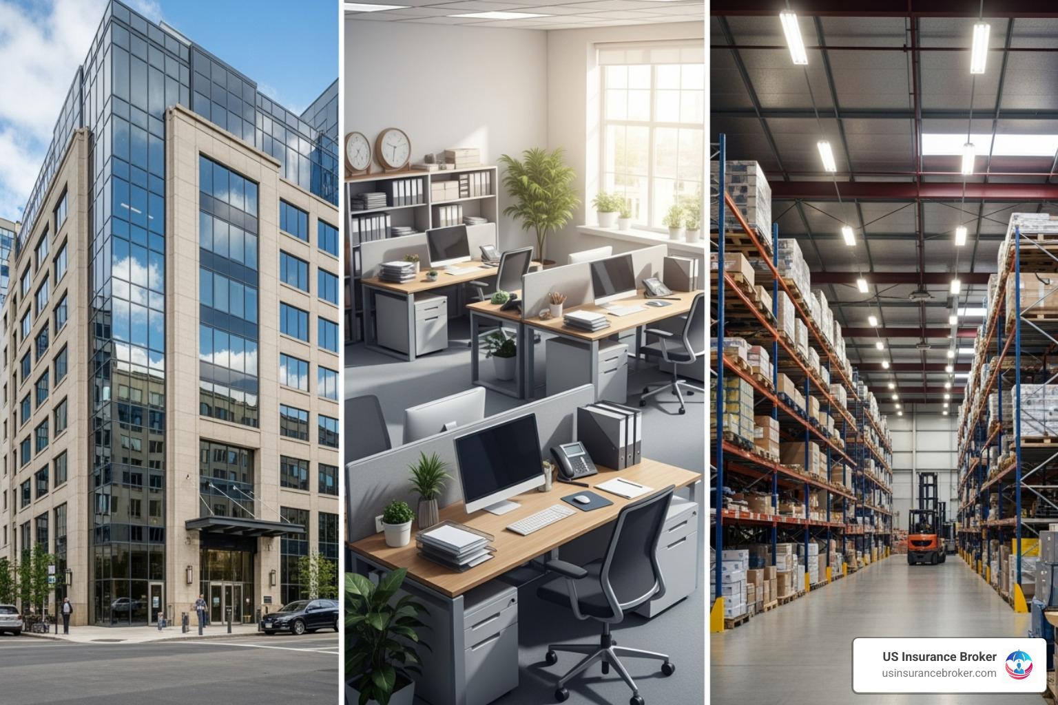 illustration showing the different assets covered by commercial property insurance, such as the building exterior, interior office equipment, and warehouse inventory - commercial real estate insurance coverage
