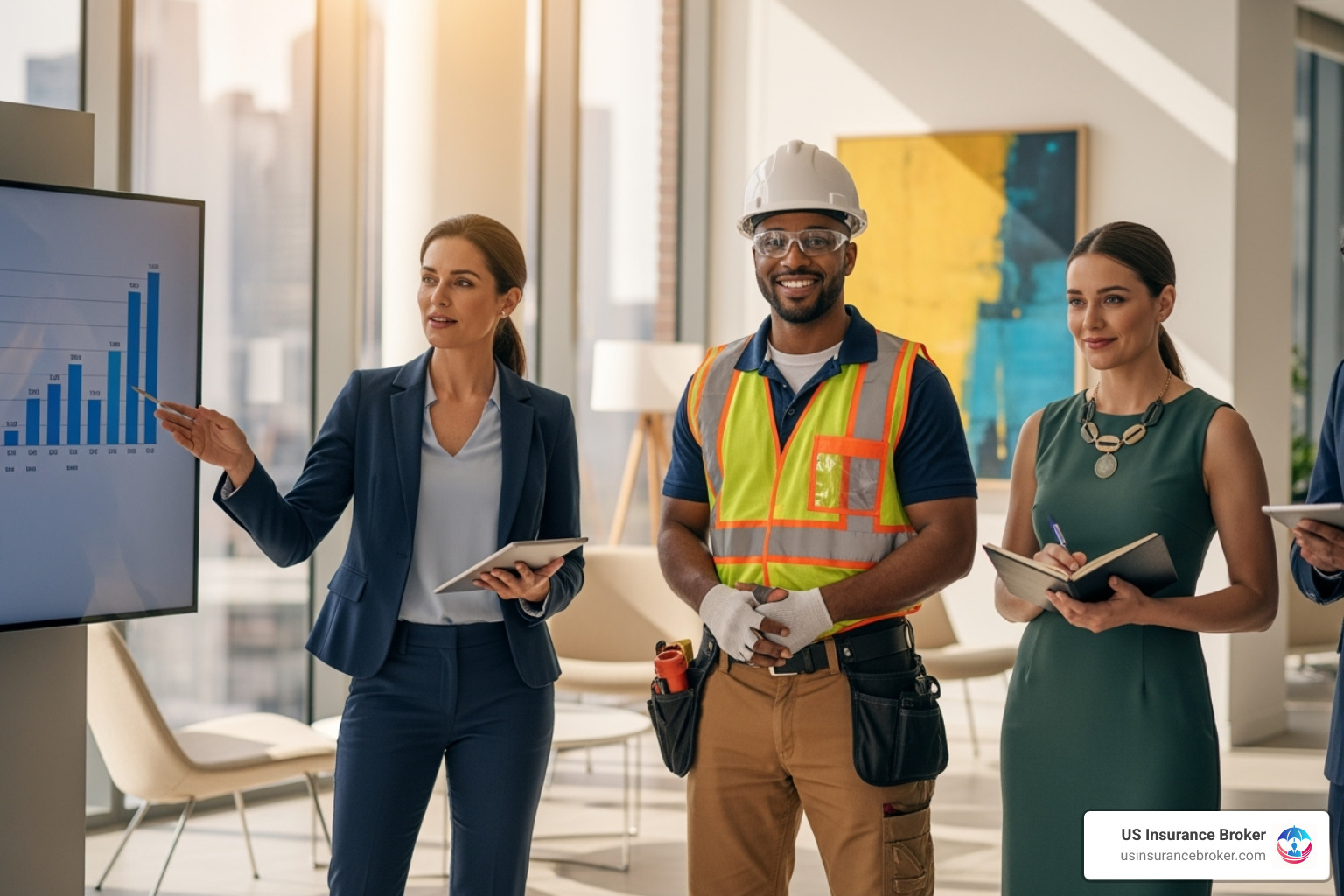 diverse group of professionals including a contractor, a consultant, and a retail owner - general liability insurance diverse group of professionals including a contractor, a consultant, and a retail owner - general liability insurance