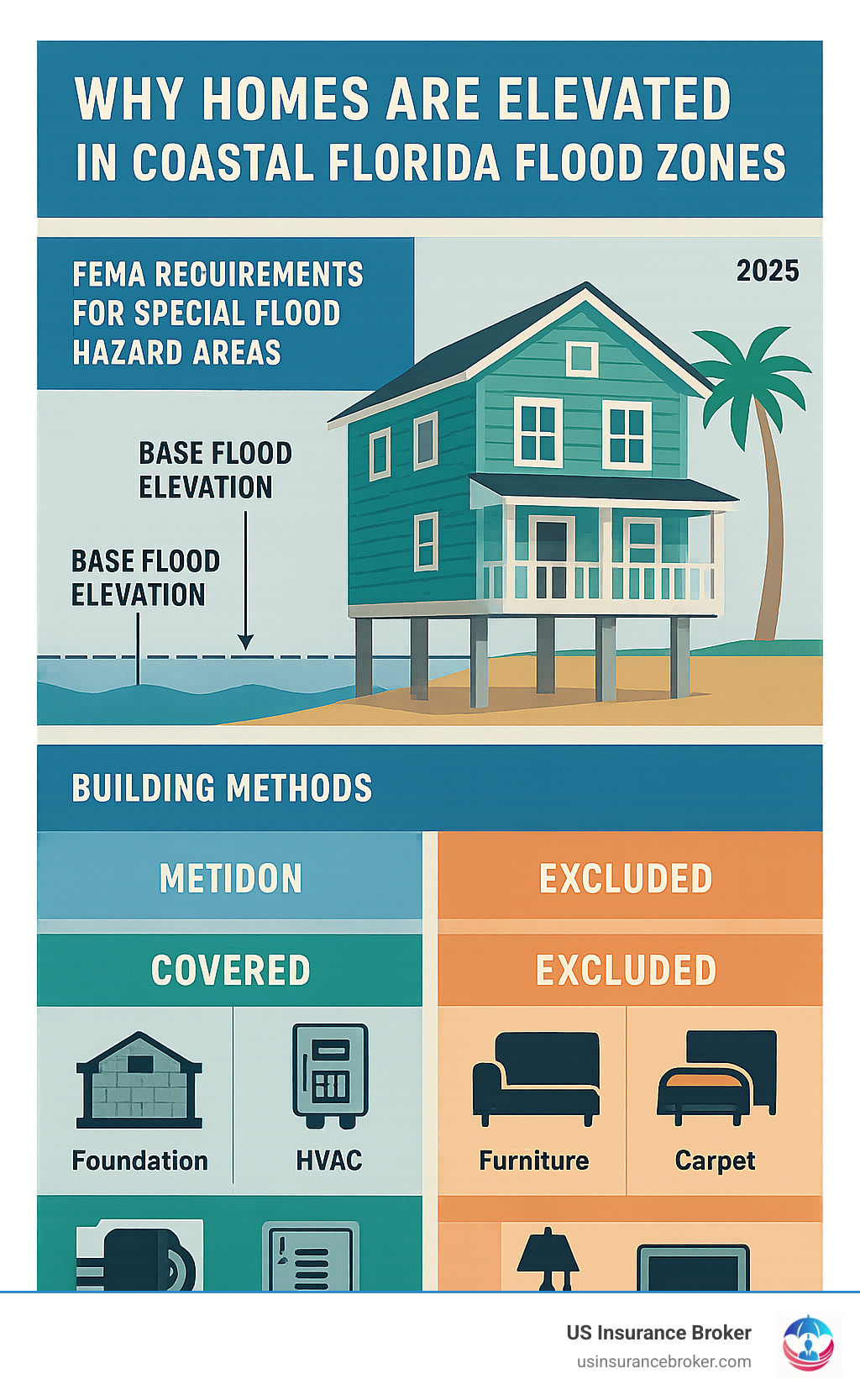 Comprehensive infographic showing why homes are liftd in coastal Florida flood zones, including FEMA requirements for Special Flood Hazard Areas, Base Flood Elevation compliance, building methods like pilings and masonry walls with flood vents, and the limited NFIP coverage areas below the lowest liftd floor with examples of covered versus excluded items - liftd home flood insurance infographic Comprehensive infographic showing why homes are liftd in coastal Florida flood zones, including FEMA requirements for Special Flood Hazard Areas, Base Flood Elevation compliance, building methods like pilings and masonry walls with flood vents, and the limited NFIP coverage areas below the lowest liftd floor with examples of covered versus excluded items - liftd home flood insurance infographic
