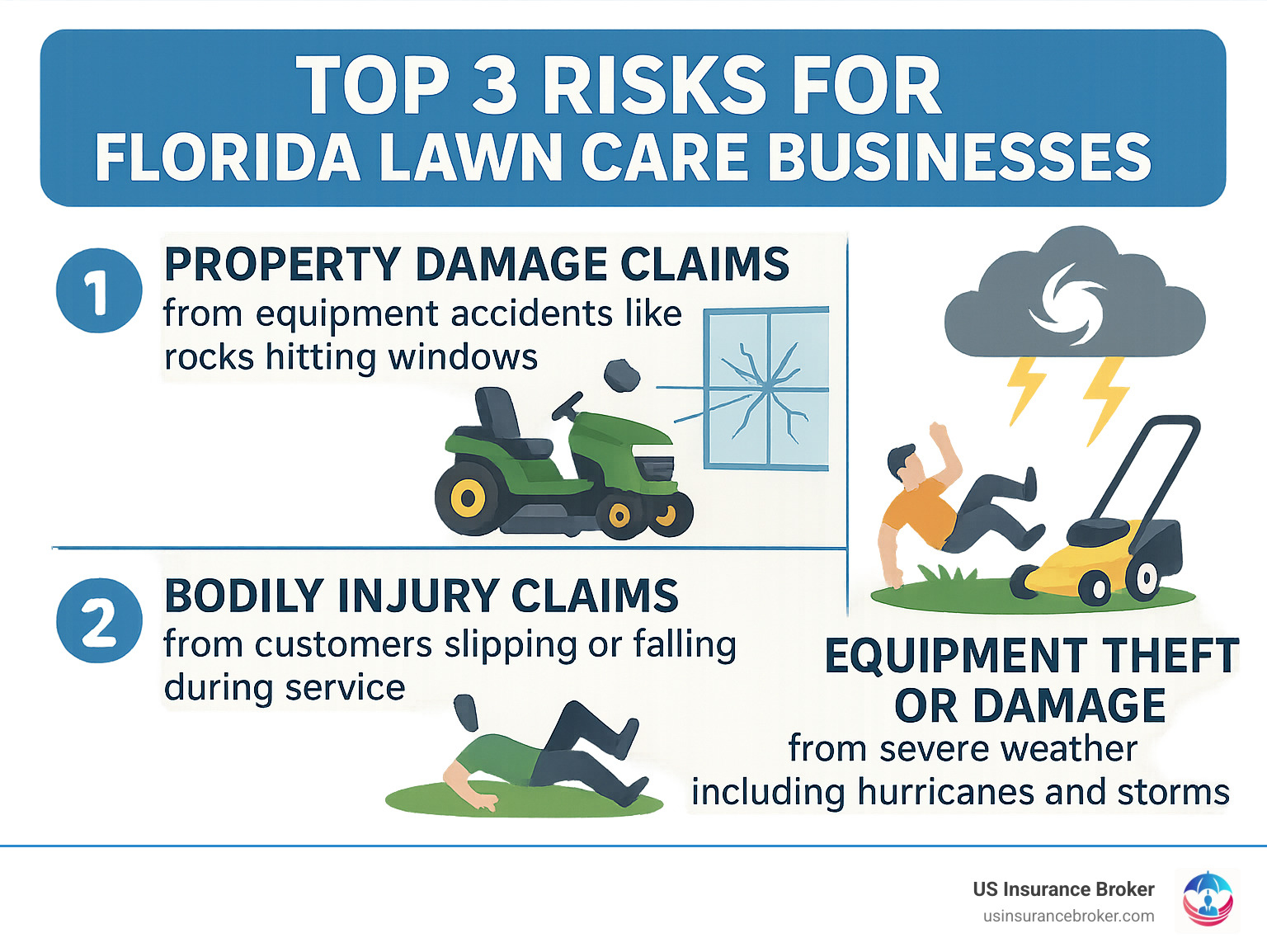 Infographic showing the top 3 risks for Florida lawn care businesses: property damage claims from equipment accidents like rocks hitting windows, bodily injury claims from customers slipping or falling during service, and equipment theft or damage from Florida's severe weather including hurricanes and storms - lawn care insurance florida infographic Infographic showing the top 3 risks for Florida lawn care businesses: property damage claims from equipment accidents like rocks hitting windows, bodily injury claims from customers slipping or falling during service, and equipment theft or damage from Florida's severe weather including hurricanes and storms - lawn care insurance florida infographic