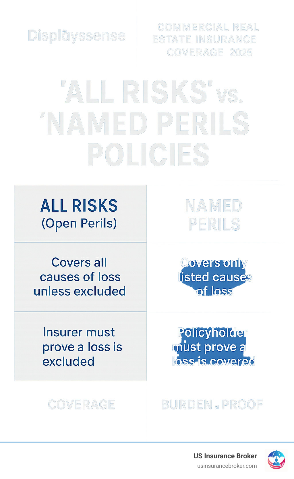 Table comparing 'All Risks' (Open Perils) vs. 'Named Perils' policies, showing differences in coverage scope and burden of proof - commercial real estate insurance coverage infographic 
