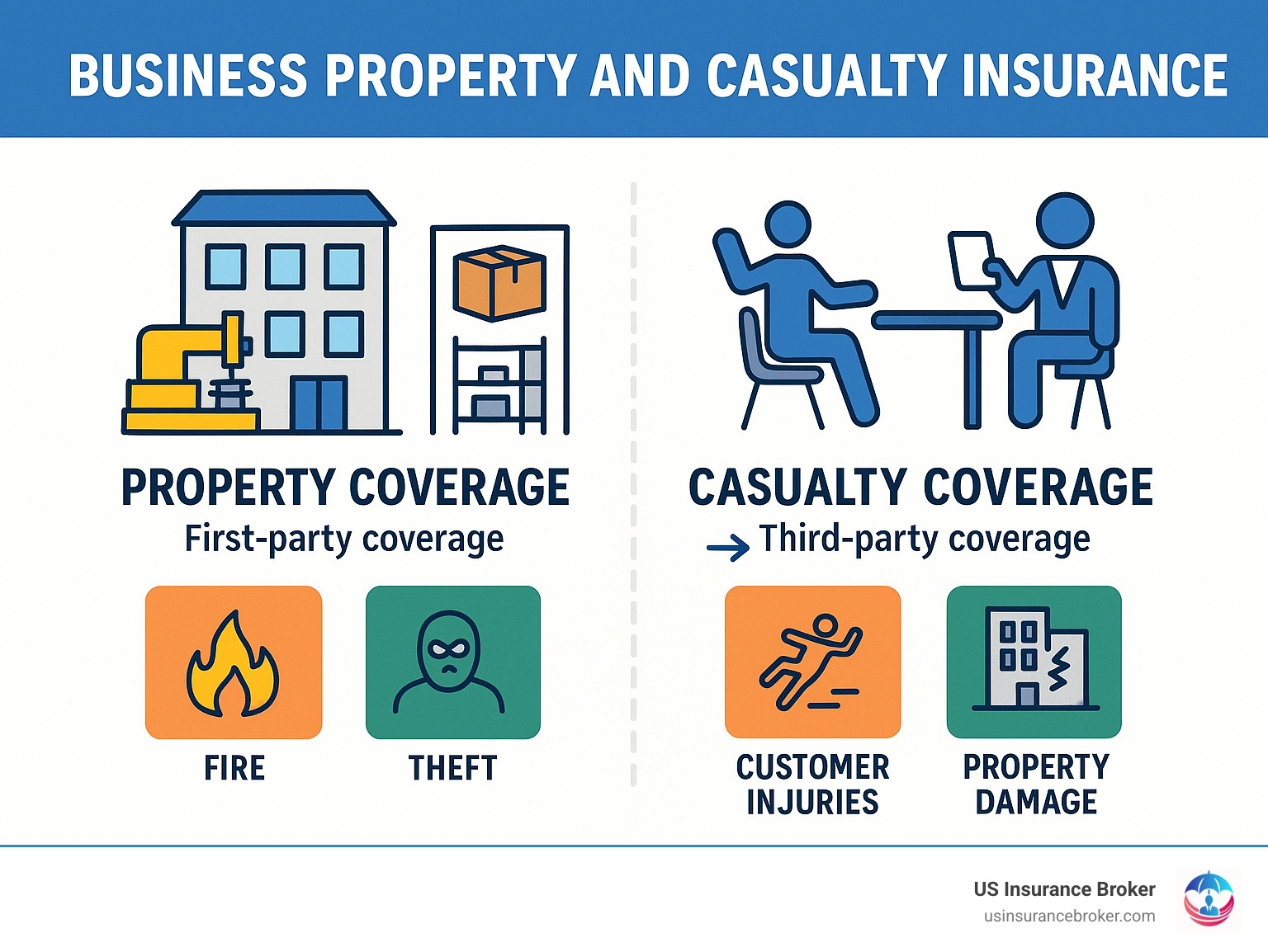 Comprehensive infographic showing the two main pillars of Property and Casualty insurance - Property Coverage on the left showing a building with equipment and inventory, and Casualty Coverage on the right showing liability protection from lawsuits, with arrows indicating first-party vs third-party coverage and common risks like fire, theft, customer injuries, and property damage claims - business property and casualty insurance infographic Comprehensive infographic showing the two main pillars of Property and Casualty insurance - Property Coverage on the left showing a building with equipment and inventory, and Casualty Coverage on the right showing liability protection from lawsuits, with arrows indicating first-party vs third-party coverage and common risks like fire, theft, customer injuries, and property damage claims - business property and casualty insurance infographic