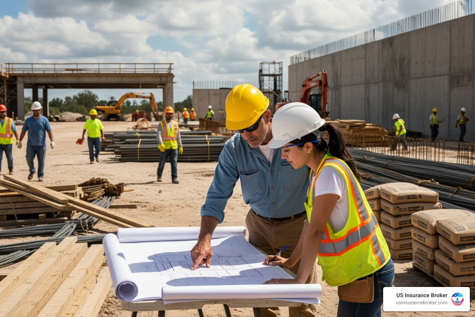 Image of a general contractor reviewing blueprints with a subcontractor on a Florida construction site. - does florida require workers compensation insurance Image of a general contractor reviewing blueprints with a subcontractor on a Florida construction site. - does florida require workers compensation insurance