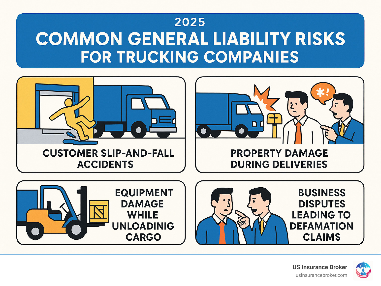 Infographic showing common general liability risks for trucking companies including customer slip-and-fall accidents at loading docks, property damage during deliveries, equipment damage while unloading cargo, and business disputes leading to defamation claims - general liability insurance for trucking company infographic Infographic showing common general liability risks for trucking companies including customer slip-and-fall accidents at loading docks, property damage during deliveries, equipment damage while unloading cargo, and business disputes leading to defamation claims - general liability insurance for trucking company infographic