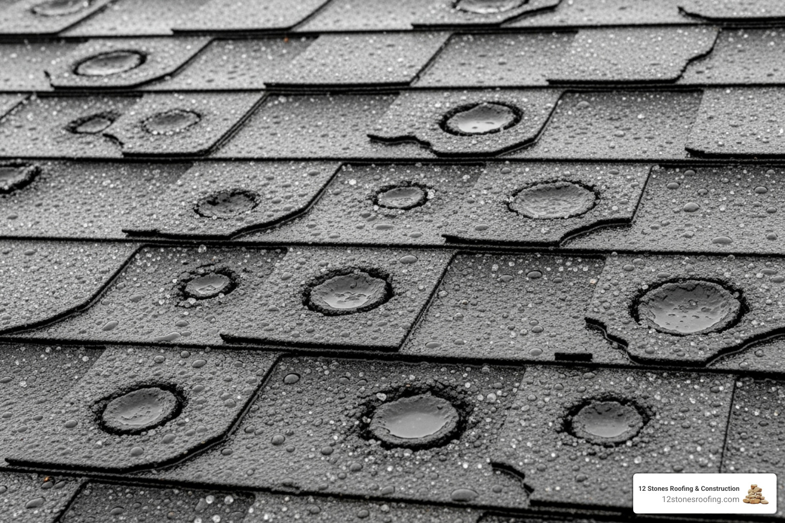 A roof with clear hail damage marks - Katy roofing services