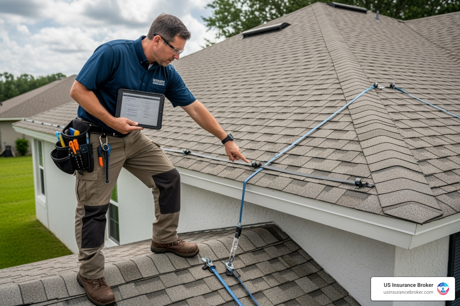 A home's roof being inspected for a wind mitigation report - home insurance zephyrhills fl