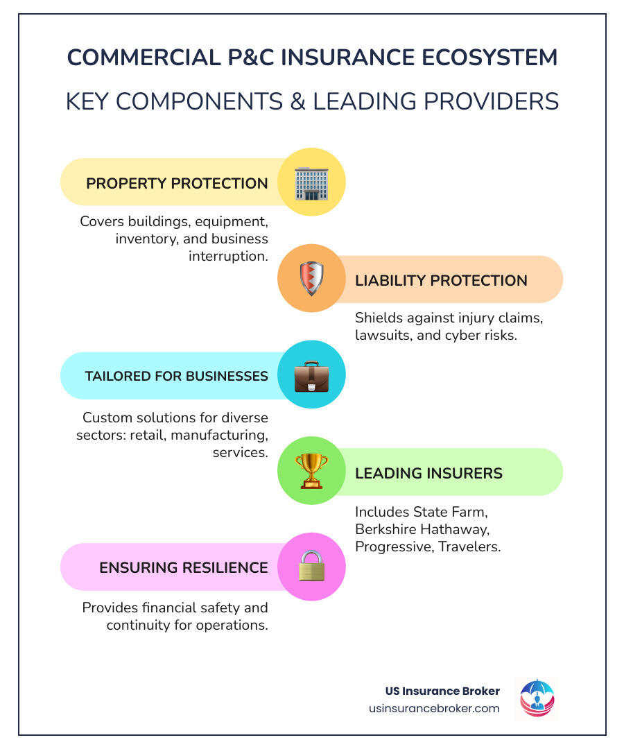Comprehensive infographic showing the commercial P&C insurance ecosystem: two main pillars labeled Property Coverage (protecting buildings, equipment, inventory, business interruption) and Casualty Coverage (protecting against liability claims, injuries, lawsuits, cyber risks), with various business types in the center and top insurance companies arranged around the perimeter with their premium volumes - commercial property and casualty insurance companies infographic infographic-line-5-steps-colors Comprehensive infographic showing the commercial P&C insurance ecosystem: two main pillars labeled Property Coverage (protecting buildings, equipment, inventory, business interruption) and Casualty Coverage (protecting against liability claims, injuries, lawsuits, cyber risks), with various business types in the center and top insurance companies arranged around the perimeter with their premium volumes - commercial property and casualty insurance companies infographic infographic-line-5-steps-colors