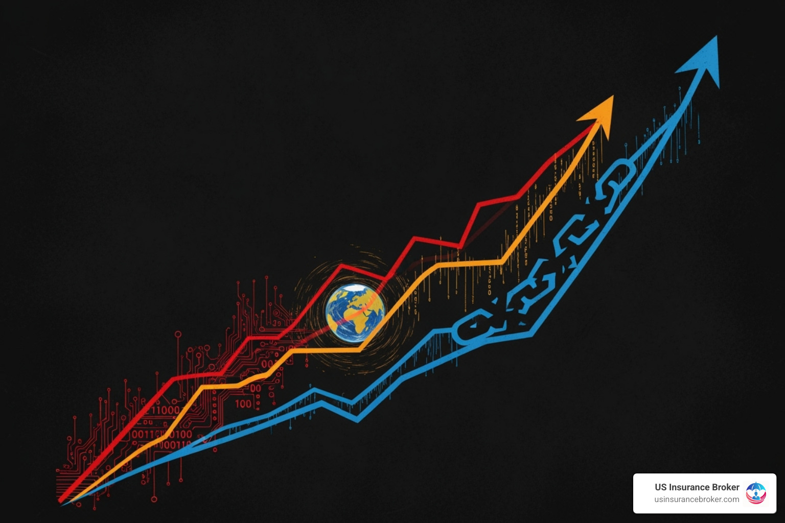 A stylized graph showing upward trends in cyber attack incidents, global temperature, and supply chain disruptions, illustrating emerging risks - commercial property and casualty insurance companies A stylized graph showing upward trends in cyber attack incidents, global temperature, and supply chain disruptions, illustrating emerging risks - commercial property and casualty insurance companies