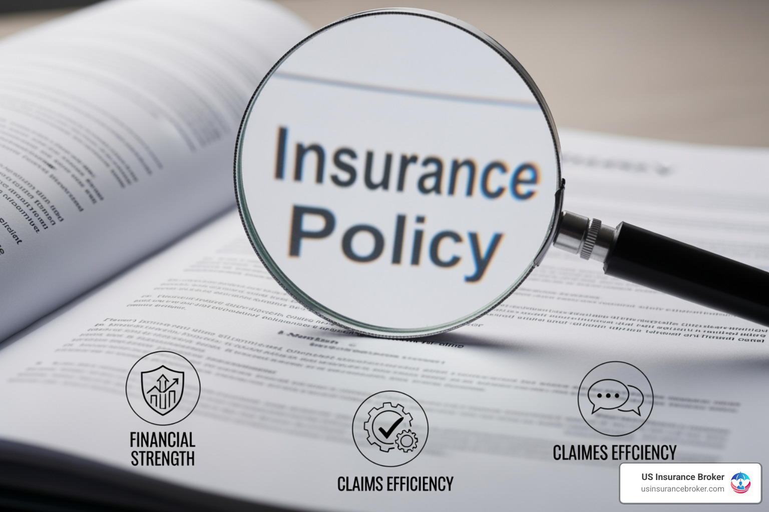 A magnifying glass hovering over an insurance policy document, with various icons representing financial strength, customer service, and claims efficiency around it - commercial property and casualty insurance companies A magnifying glass hovering over an insurance policy document, with various icons representing financial strength, customer service, and claims efficiency around it - commercial property and casualty insurance companies
