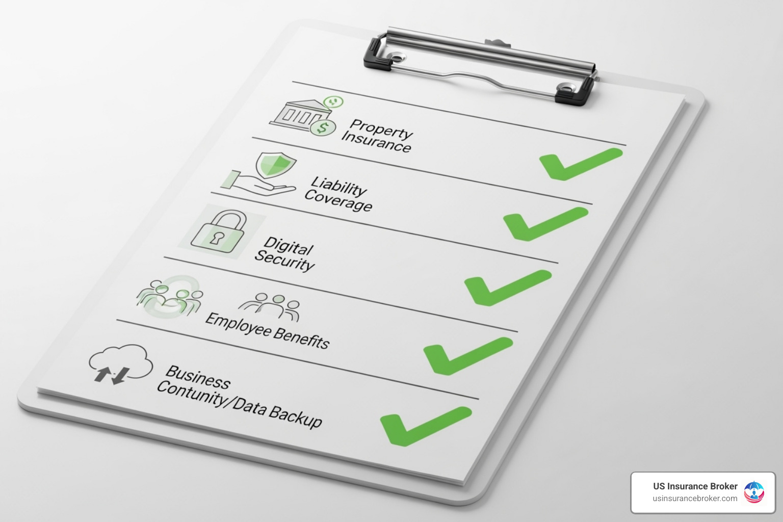 A detailed checklist showing different types of commercial insurance coverage, including commercial property, general liability, business interruption, professional liability, and cyber liability, with checkmarks indicating comprehensive protection - commercial property and casualty insurance companies A detailed checklist showing different types of commercial insurance coverage, including commercial property, general liability, business interruption, professional liability, and cyber liability, with checkmarks indicating comprehensive protection - commercial property and casualty insurance companies