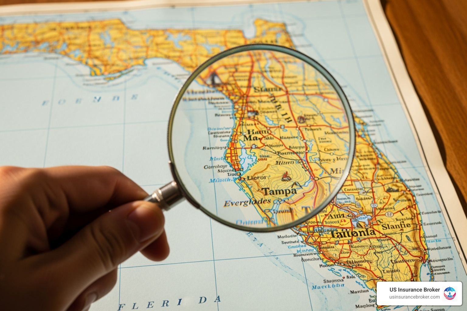 magnifying glass over a map of Florida - florida homeowners insurance providers