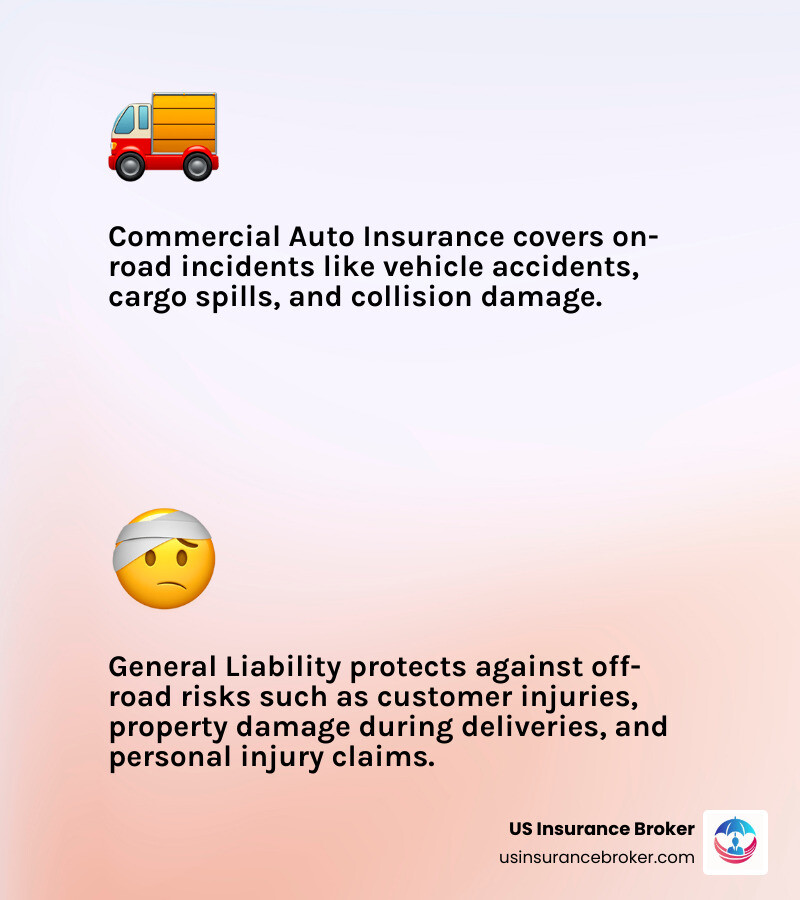 Infographic showing a split-screen comparison: left side depicts on-road trucking risks covered by commercial auto insurance including vehicle accidents, cargo spills, and collision damage; right side shows off-road business risks covered by general liability insurance including customer injuries at loading docks, property damage during deliveries, libel/slander claims, and damage to rented facilities - trucking general liability insurance infographic 2_facts_emoji_light-gradient