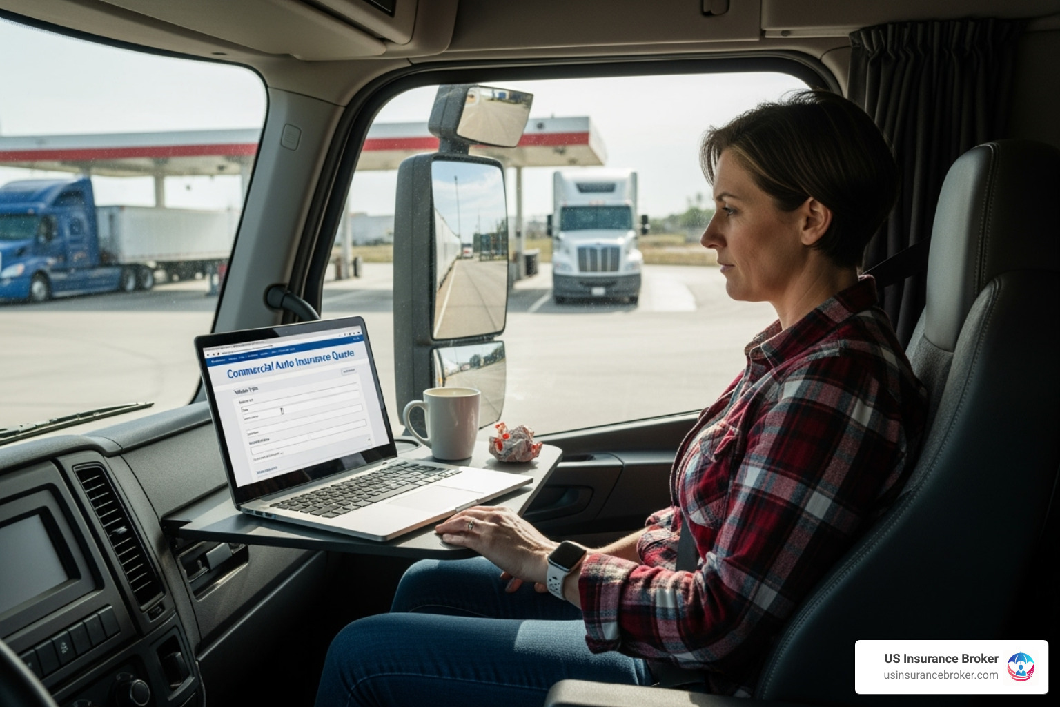 A trucker on a laptop getting an insurance quote - trucking general liability insurance