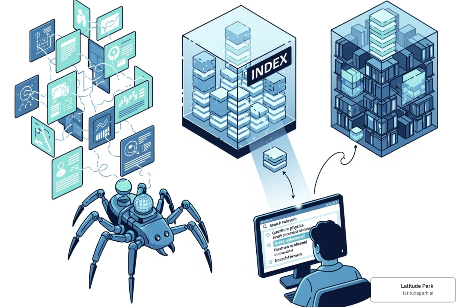 illustration of a spider bot crawling a web, then storing information in a giant library (index), and finally a user typing a query and getting ranked results - search engine optimization illustration of a spider bot crawling a web, then storing information in a giant library (index), and finally a user typing a query and getting ranked results - search engine optimization