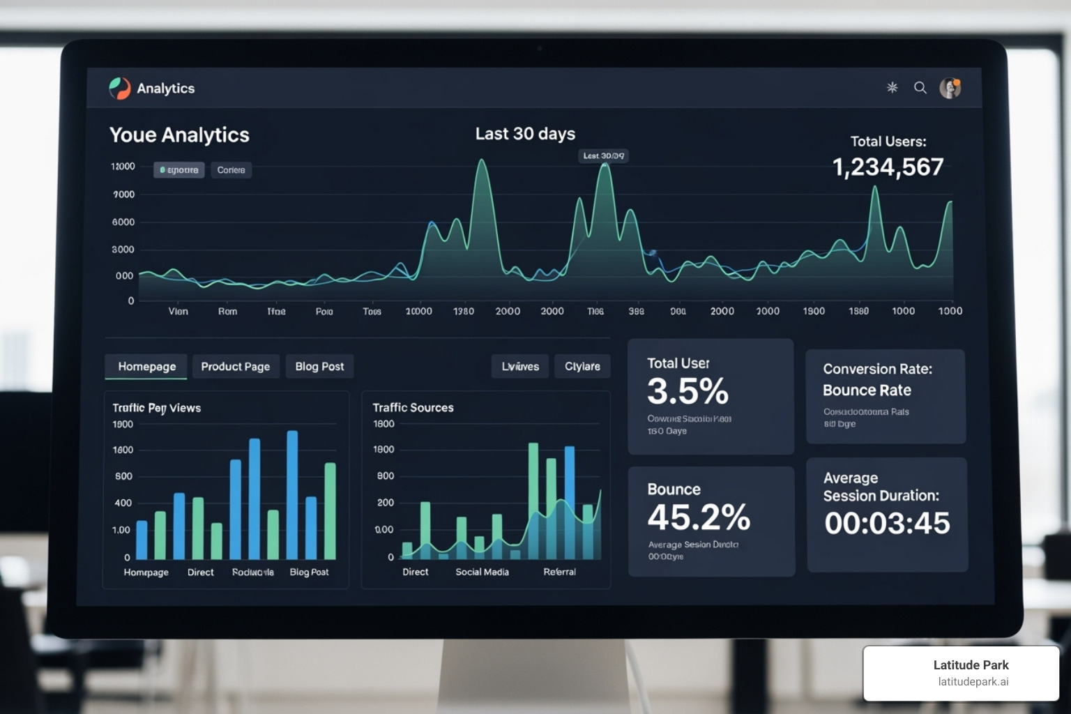 A screenshot of a Google Analytics dashboard showing organic traffic trends, top landing pages, keyword performance, and conversion data over time - search engine optimization A screenshot of a Google Analytics dashboard showing organic traffic trends, top landing pages, keyword performance, and conversion data over time - search engine optimization