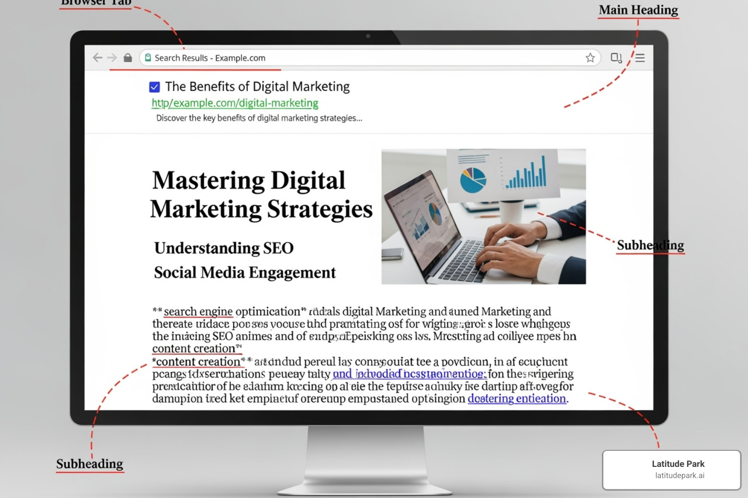 An optimized webpage with callouts pointing to the title tag, meta description, H1 header, H2 subheadings, image alt text, and bolded keywords within the body text - search engine optimization An optimized webpage with callouts pointing to the title tag, meta description, H1 header, H2 subheadings, image alt text, and bolded keywords within the body text - search engine optimization