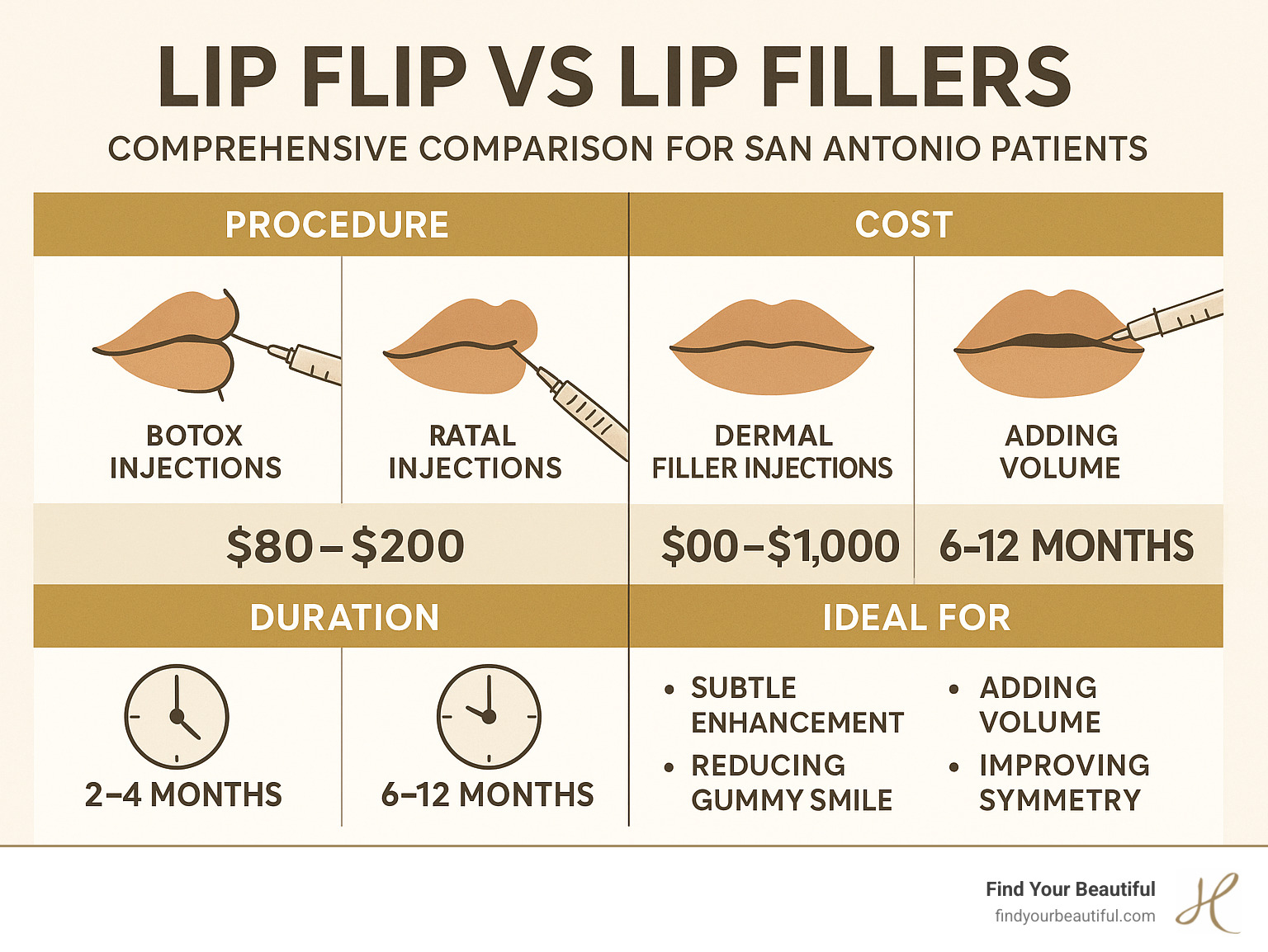 Comprehensive comparison infographic showing lip flip vs lip fillers including procedure details, costs, duration, and ideal candidates for San Antonio patients - lip flip botox san antonio infographic 