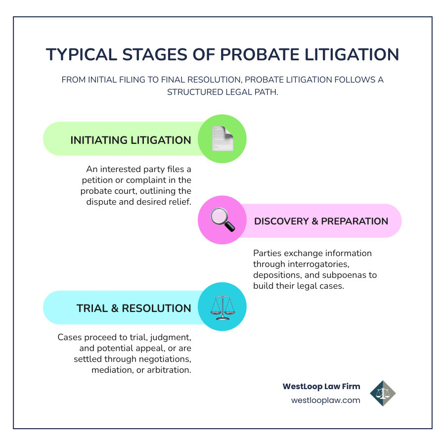 Infographic showing the typical stages of the probate litigation process from petition to appeal - probate litigation infographic infographic-line-3-steps-colors Infographic showing the typical stages of the probate litigation process from petition to appeal - probate litigation infographic infographic-line-3-steps-colors