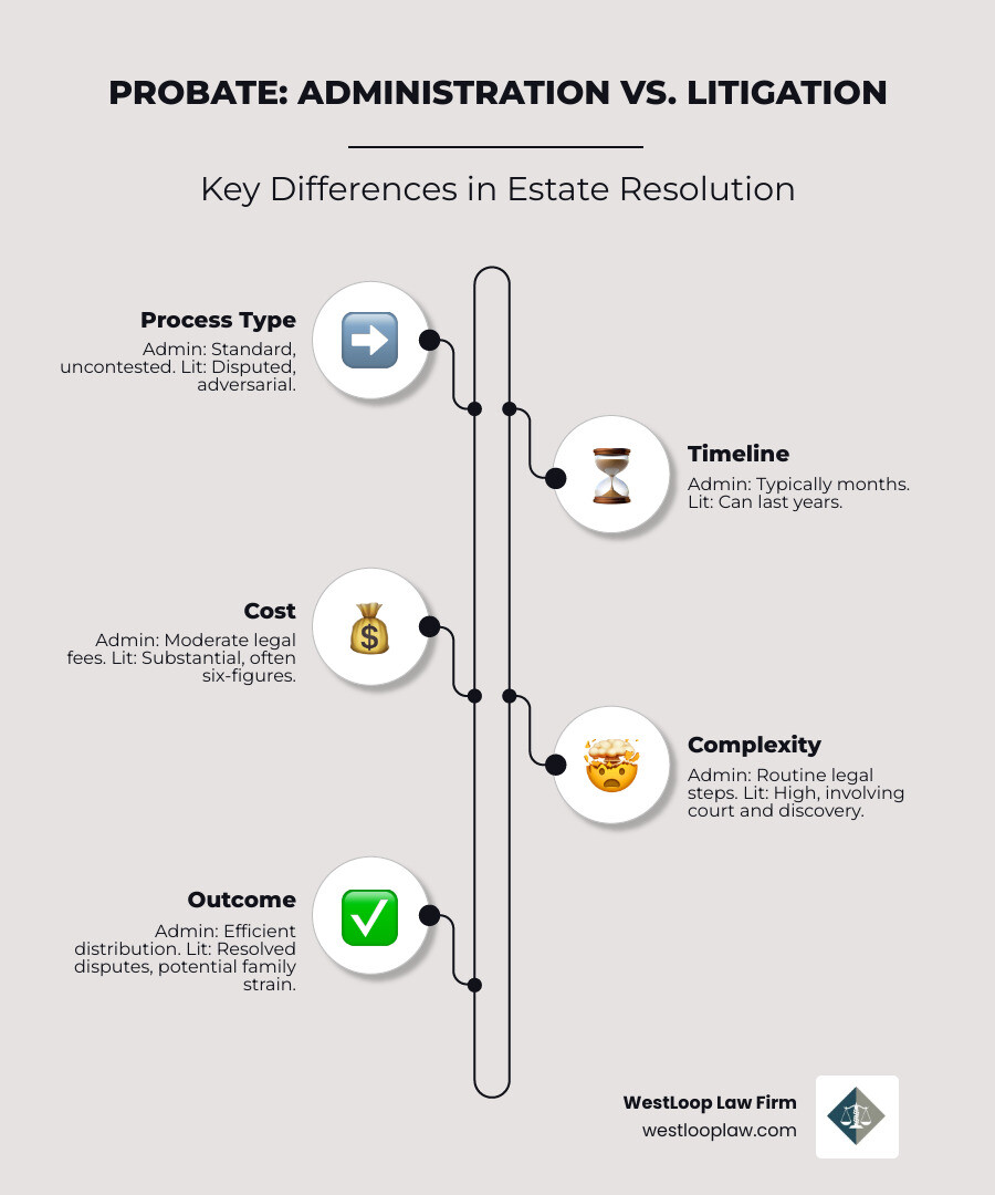 Infographic comparing standard probate administration process with probate litigation process, showing key differences in timeline, cost, complexity, and outcomes - probate litigation infographic infographic-line-5-steps-neat_beige Infographic comparing standard probate administration process with probate litigation process, showing key differences in timeline, cost, complexity, and outcomes - probate litigation infographic infographic-line-5-steps-neat_beige