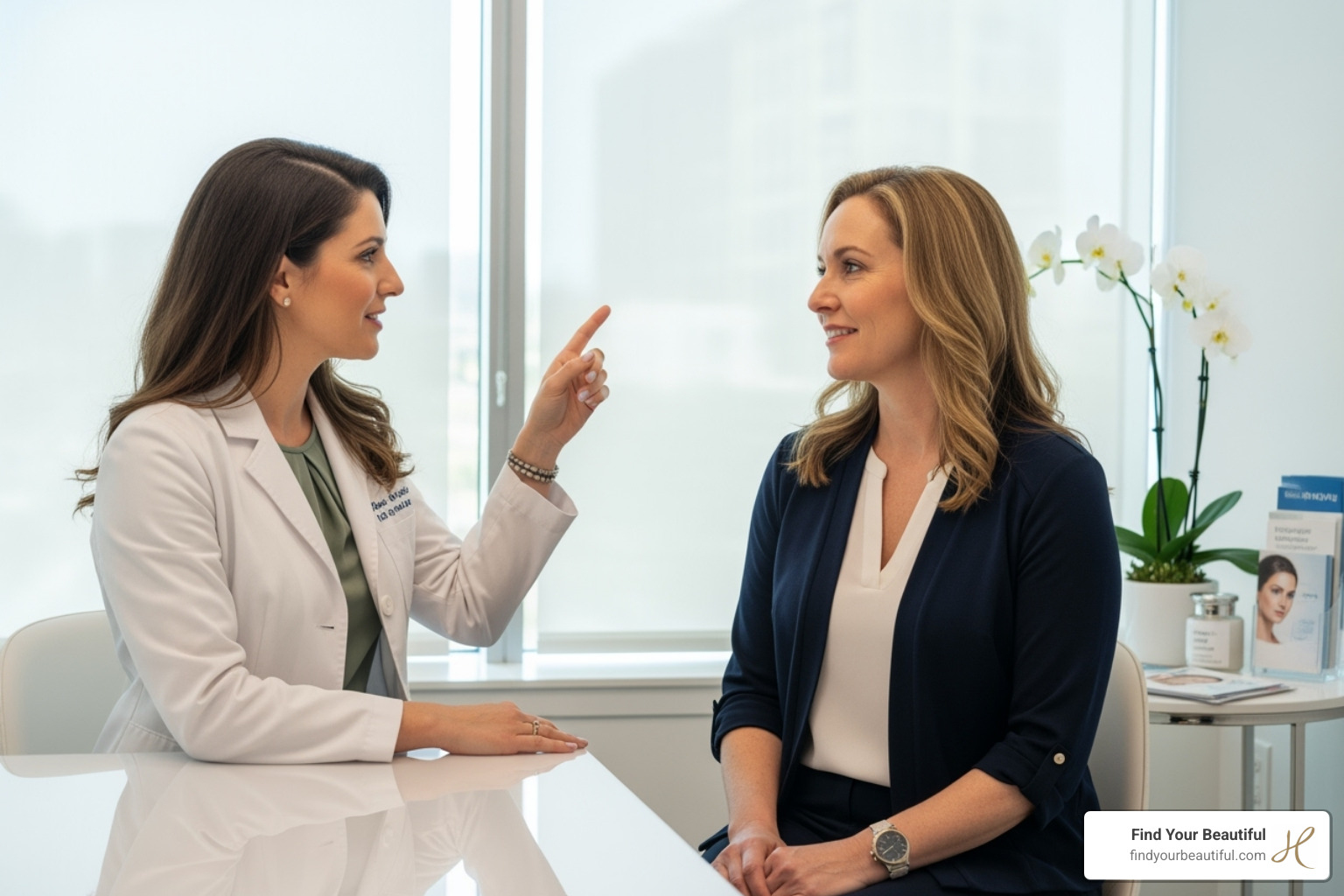 Practitioner consulting with a patient about under-eye treatment - best filler for under eyes Practitioner consulting with a patient about under-eye treatment - best filler for under eyes