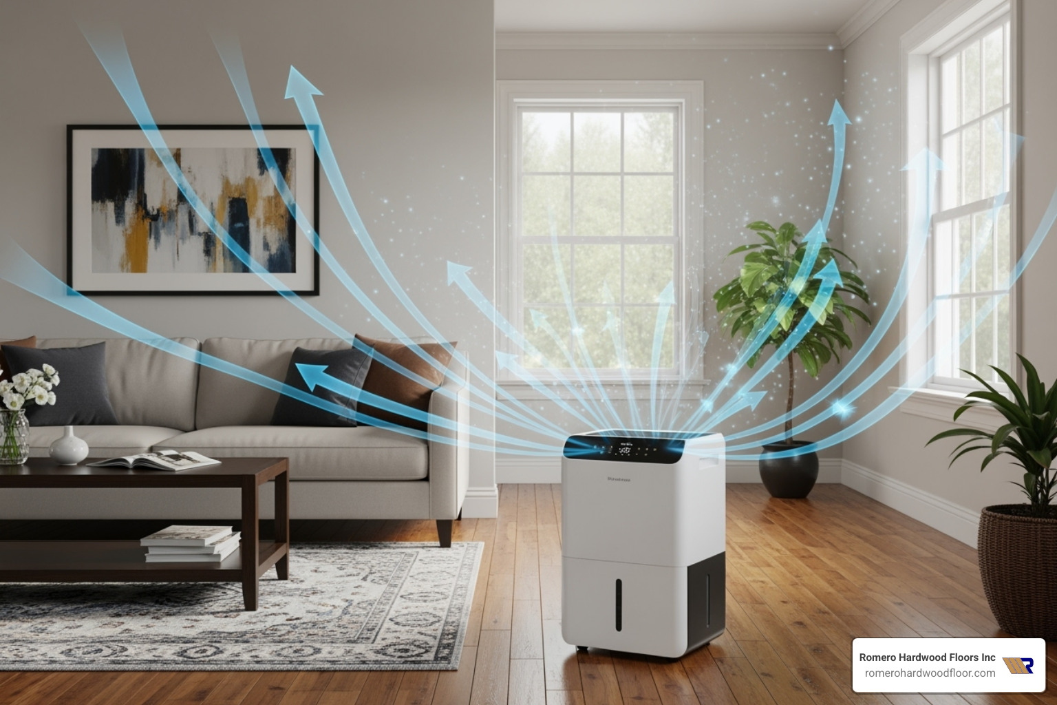 An image of a dehumidifier correctly positioned in the center of a room, with arrows indicating the airflow circulating around the unit and throughout the space. - hardwood floor dehumidifier An image of a dehumidifier correctly positioned in the center of a room, with arrows indicating the airflow circulating around the unit and throughout the space. - hardwood floor dehumidifier
