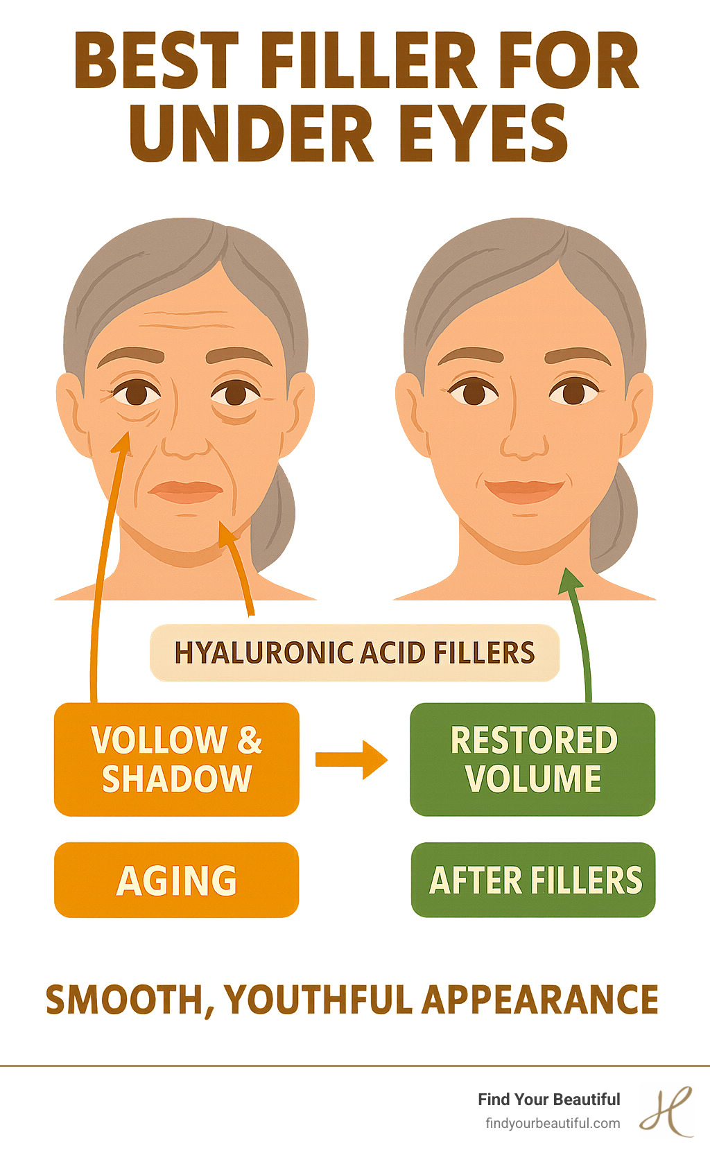 Infographic showing how aging affects the under-eye area with volume loss creating hollows and shadows, and how hyaluronic acid fillers restore volume to create a smooth, youthful appearance - best filler for under eyes infographic Infographic showing how aging affects the under-eye area with volume loss creating hollows and shadows, and how hyaluronic acid fillers restore volume to create a smooth, youthful appearance - best filler for under eyes infographic