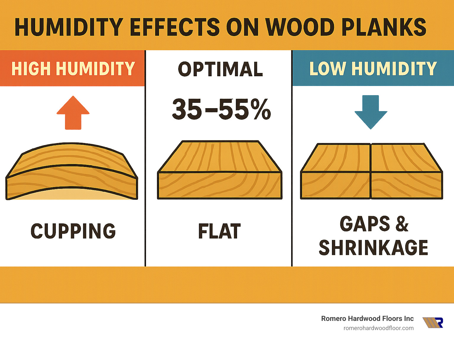 Detailed infographic showing wood plank cross-sections demonstrating how high humidity causes cupping and crowning with upward curved boards, while low humidity creates gaps and shrinkage between planks, with optimal 35-55% humidity range showing stable, flat boards - hardwood floor dehumidifier infographic Detailed infographic showing wood plank cross-sections demonstrating how high humidity causes cupping and crowning with upward curved boards, while low humidity creates gaps and shrinkage between planks, with optimal 35-55% humidity range showing stable, flat boards - hardwood floor dehumidifier infographic