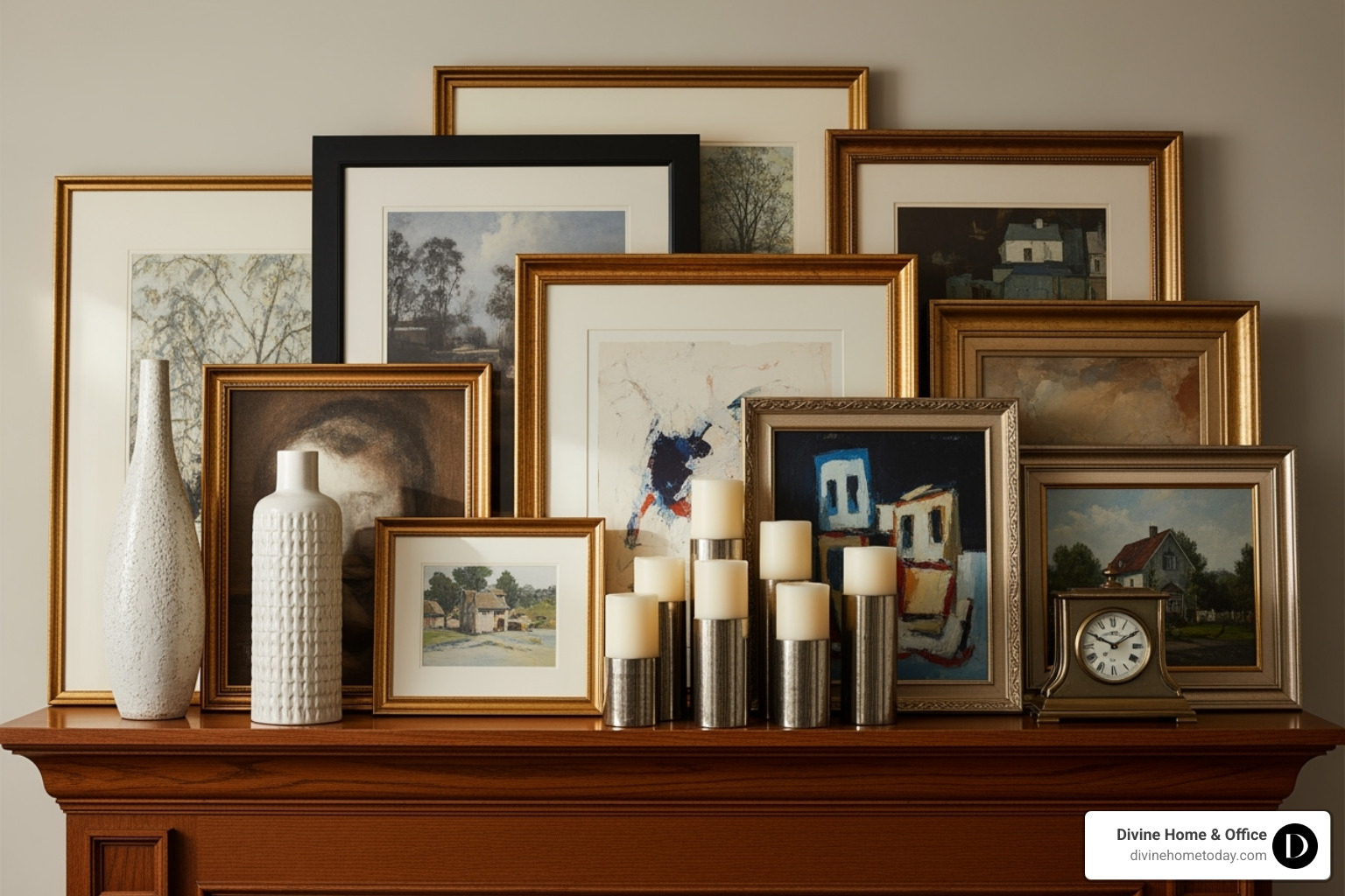 Image of art layered and leaning on a mantel, creating a casual yet curated display - picture hanging placement Image of art layered and leaning on a mantel, creating a casual yet curated display - picture hanging placement