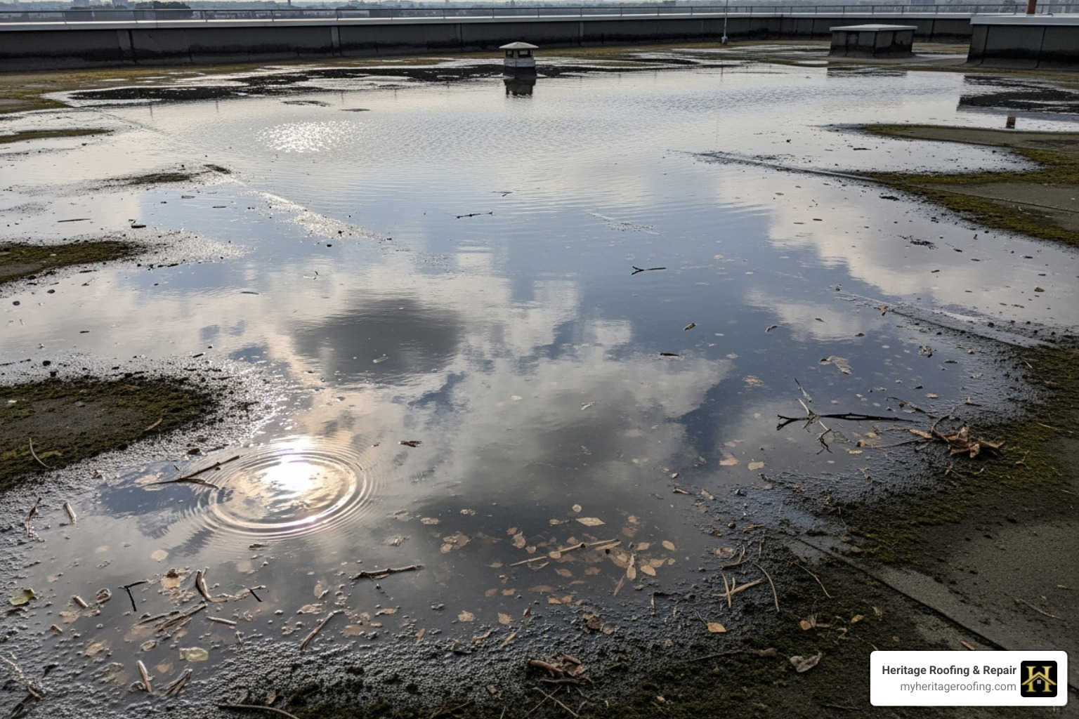 Image of significant ponding water on a flat roof surface - flat roof repair