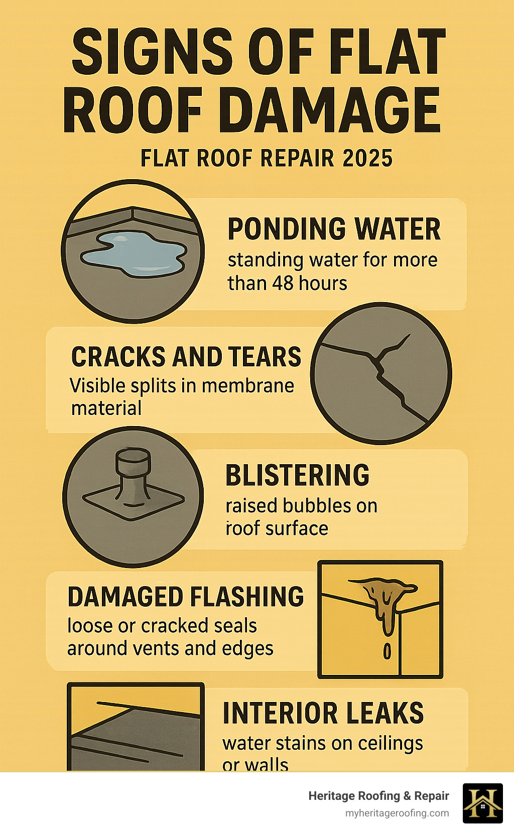 Infographic showing the 5 most common signs of flat roof damage: Ponding Water (standing water for more than 48 hours), Cracks and Tears (visible splits in membrane material), Blistering (raised bubbles on roof surface), Damaged Flashing (loose or cracked seals around vents and edges), and Interior Leaks (water stains on ceilings or walls inside building) - flat roof repair infographic 