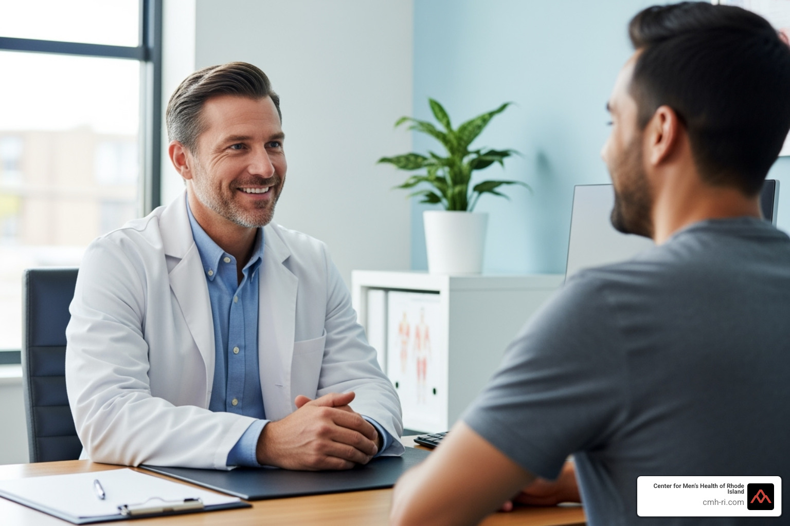 healthcare professional in a friendly consultation with a male patient - what is viagra