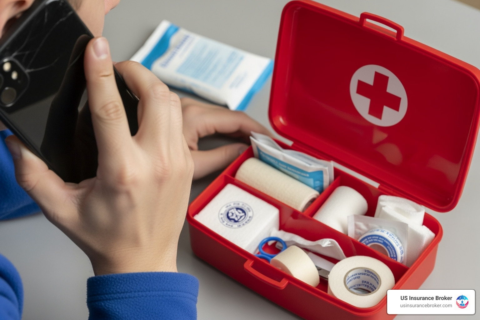 First-aid kit and a person making a phone call - injured at work florida First-aid kit and a person making a phone call - injured at work florida