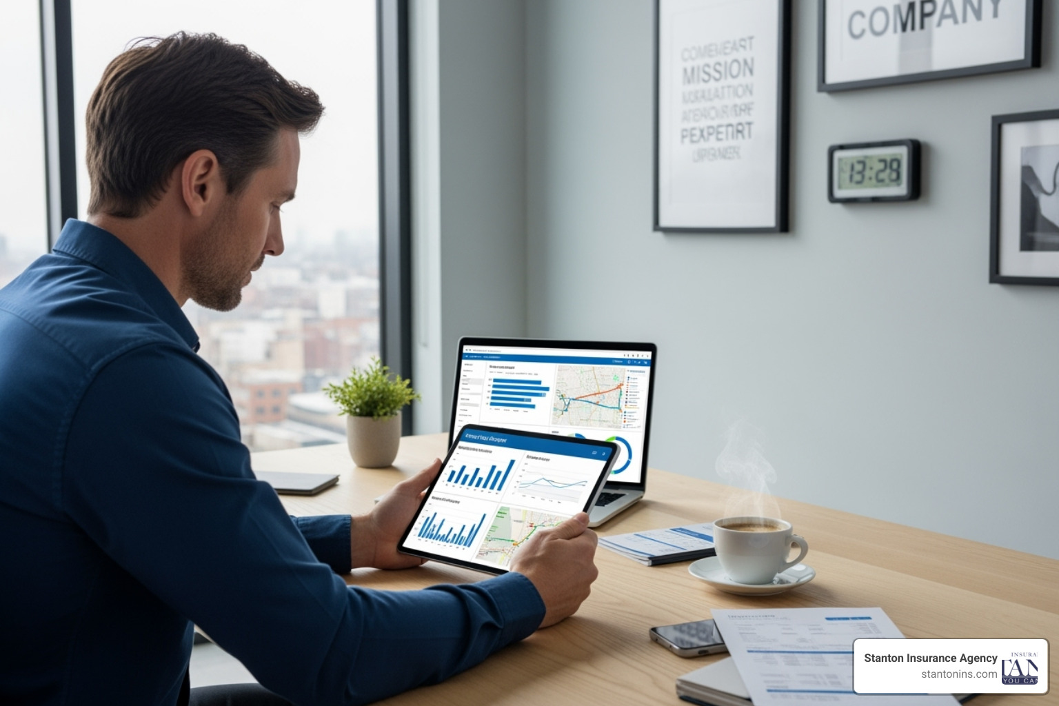 A fleet manager reviewing driver safety reports on a tablet, illustrating data analysis for insurance rates. - auto insurance manchester nh A fleet manager reviewing driver safety reports on a tablet, illustrating data analysis for insurance rates. - auto insurance manchester nh