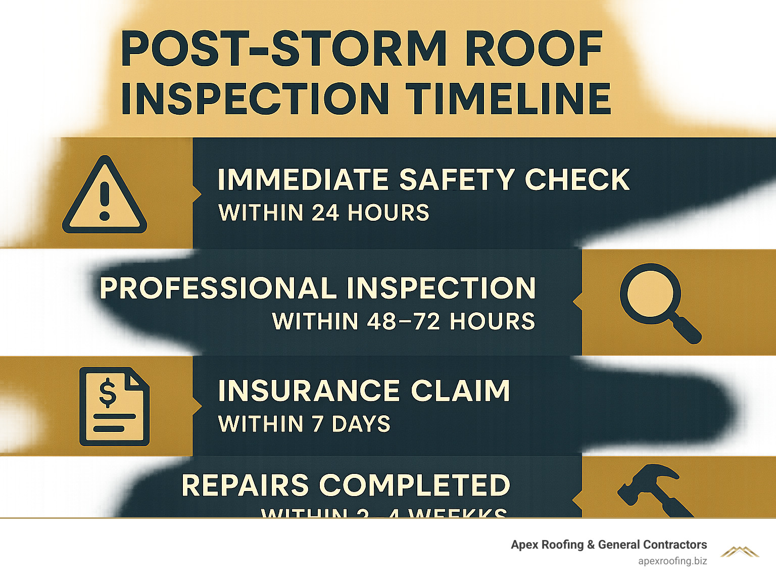 Post-storm roof inspection timeline showing immediate safety check within 24 hours, professional inspection within 48-72 hours, insurance claim filing within 7 days, and repairs completed within 2-4 weeks - storm damage roof repair infographic  Post-storm roof inspection timeline showing immediate safety check within 24 hours, professional inspection within 48-72 hours, insurance claim filing within 7 days, and repairs completed within 2-4 weeks - storm damage roof repair infographic